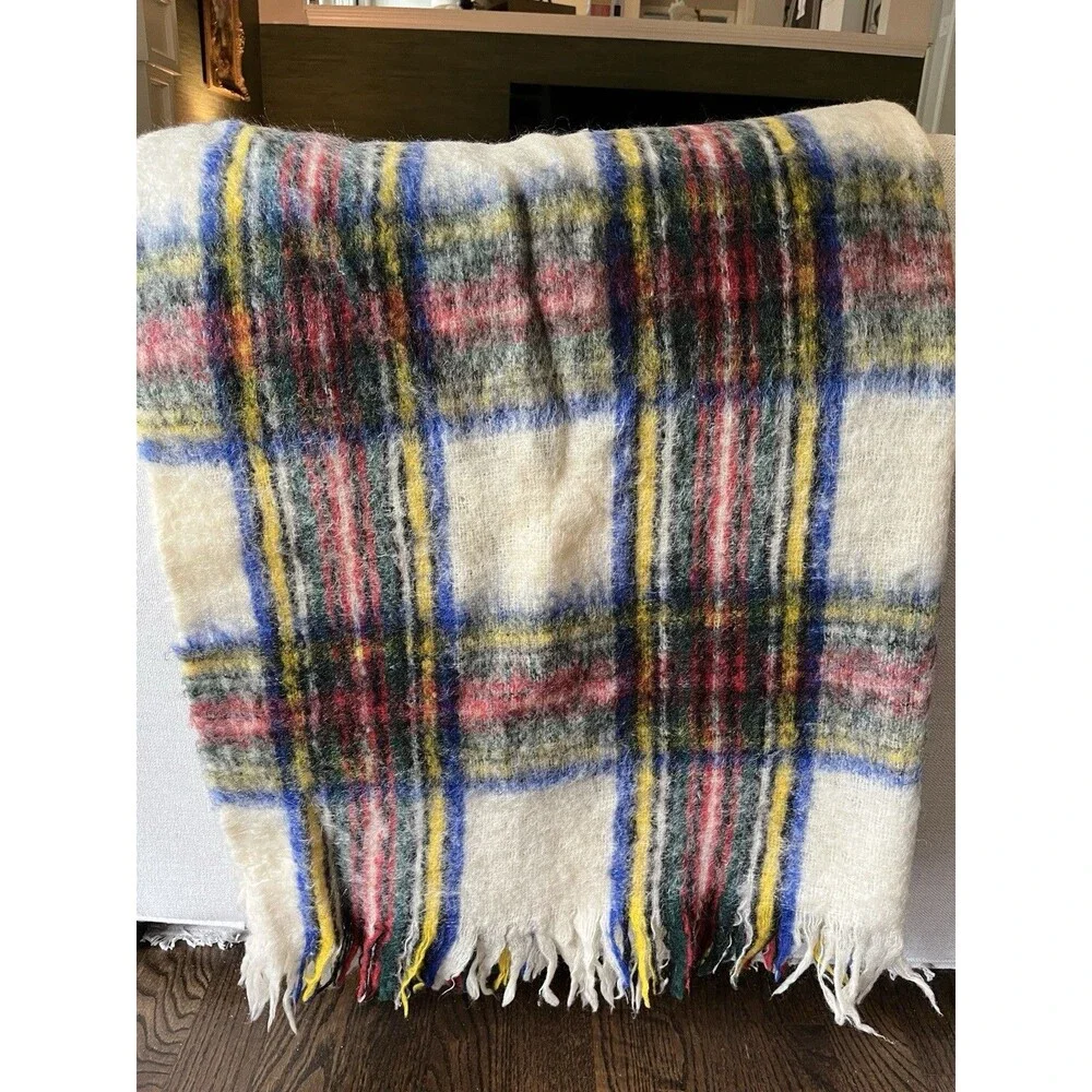 Vintage Glentana Mohair Wool Plaid Throw Blanket Scotland 65x40 Tartan Fringe